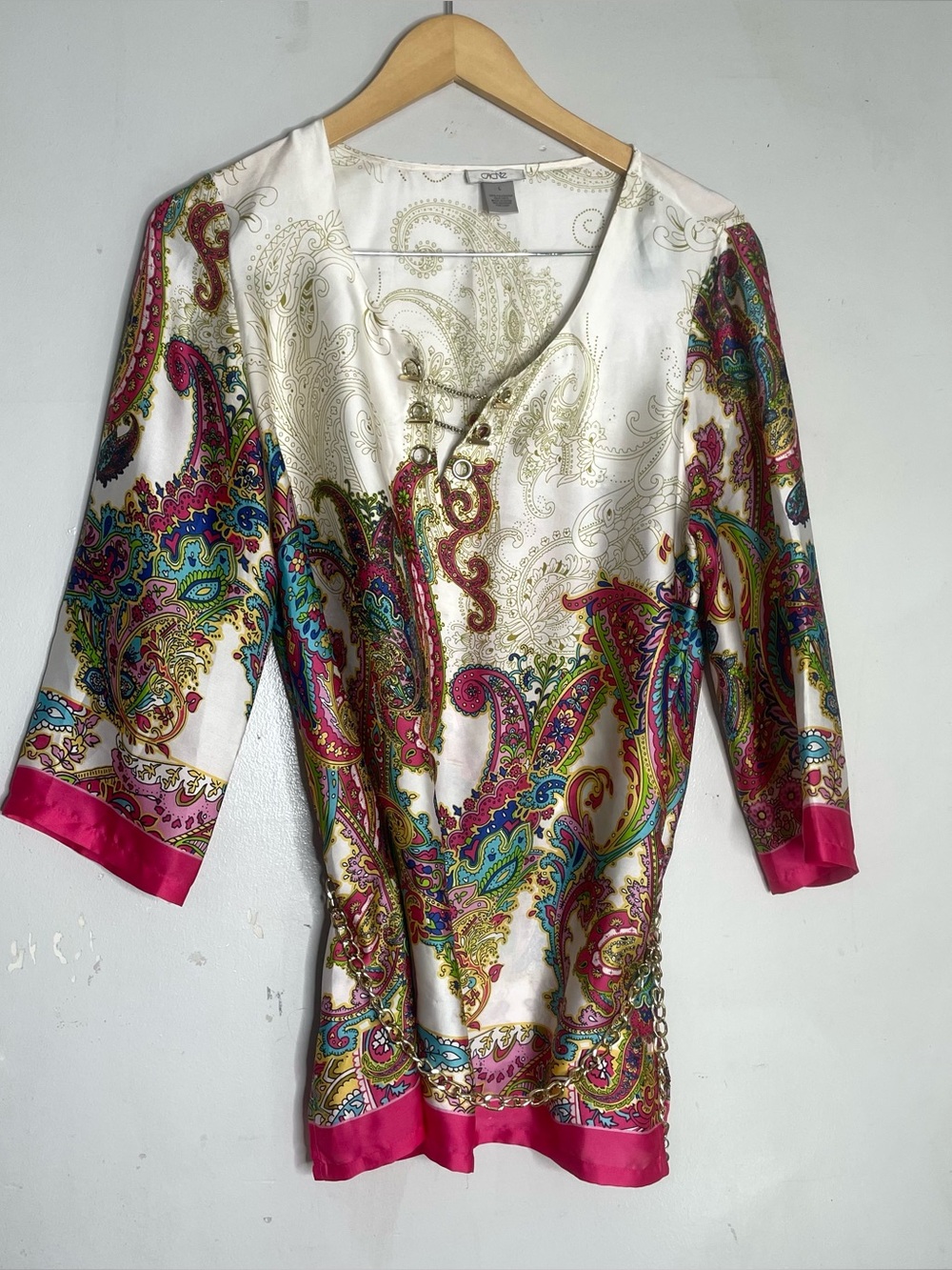 Vintage Cache Tunic Blouse Large L Paisley Satin Trim Chain Accent Y2K Boho Top